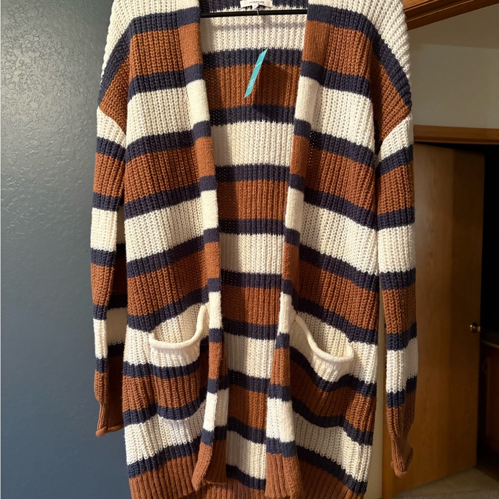Maurices Brown, White, and Navy Striped Cardigan
